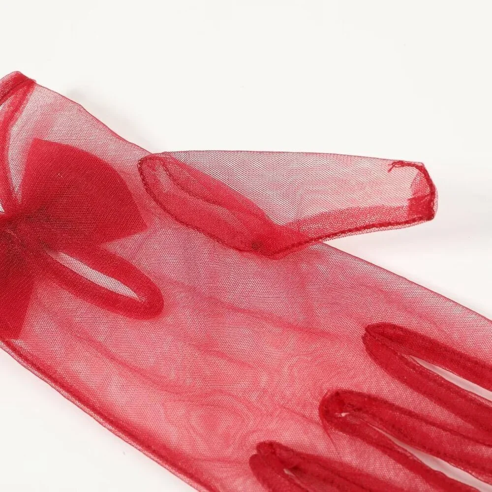 Women's Bow Burgundy Evening Tulle Short Length Gloves Wrist Tea Party Prom